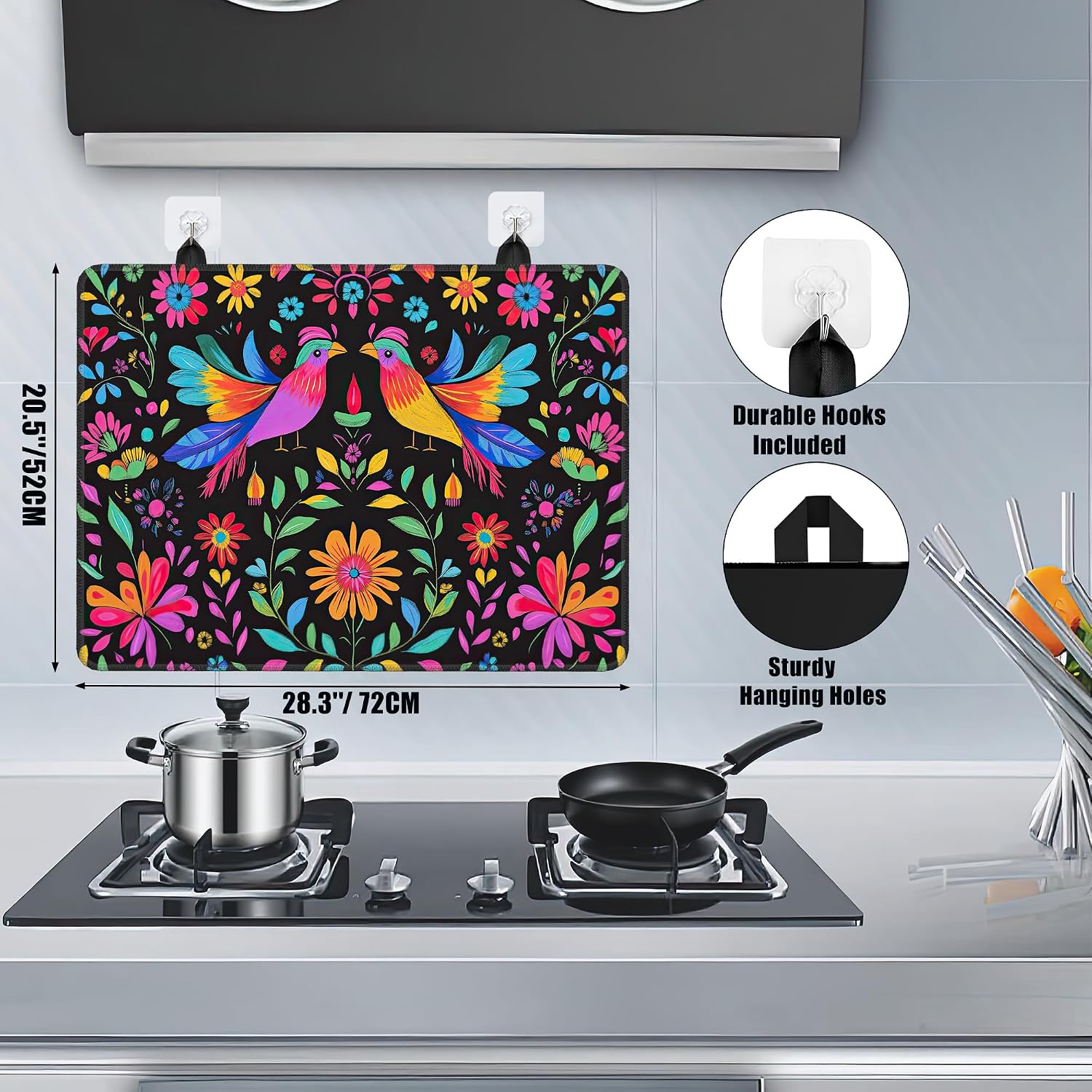 Mexican Flowers Glass Top Stove Cover Protector,Colorful Bird Heat Resistant Stove Top Cover, Large Size Range Covers for Electric Stove Countertop Mat, 28 x 20 Inch image 2