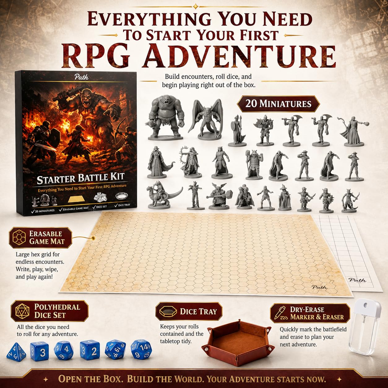 Path Gaming Kit completo di gioco di ruolo da tavolo con tabellone da gioco cancellabile a secco e bagnato, 20 mini fantasy unici, dadi poliedrici da 7 pezzi e vassoio per dadi per campagne 5E e Game | Tabellone da gioco cancellabile a secco/bagnato, 23 x