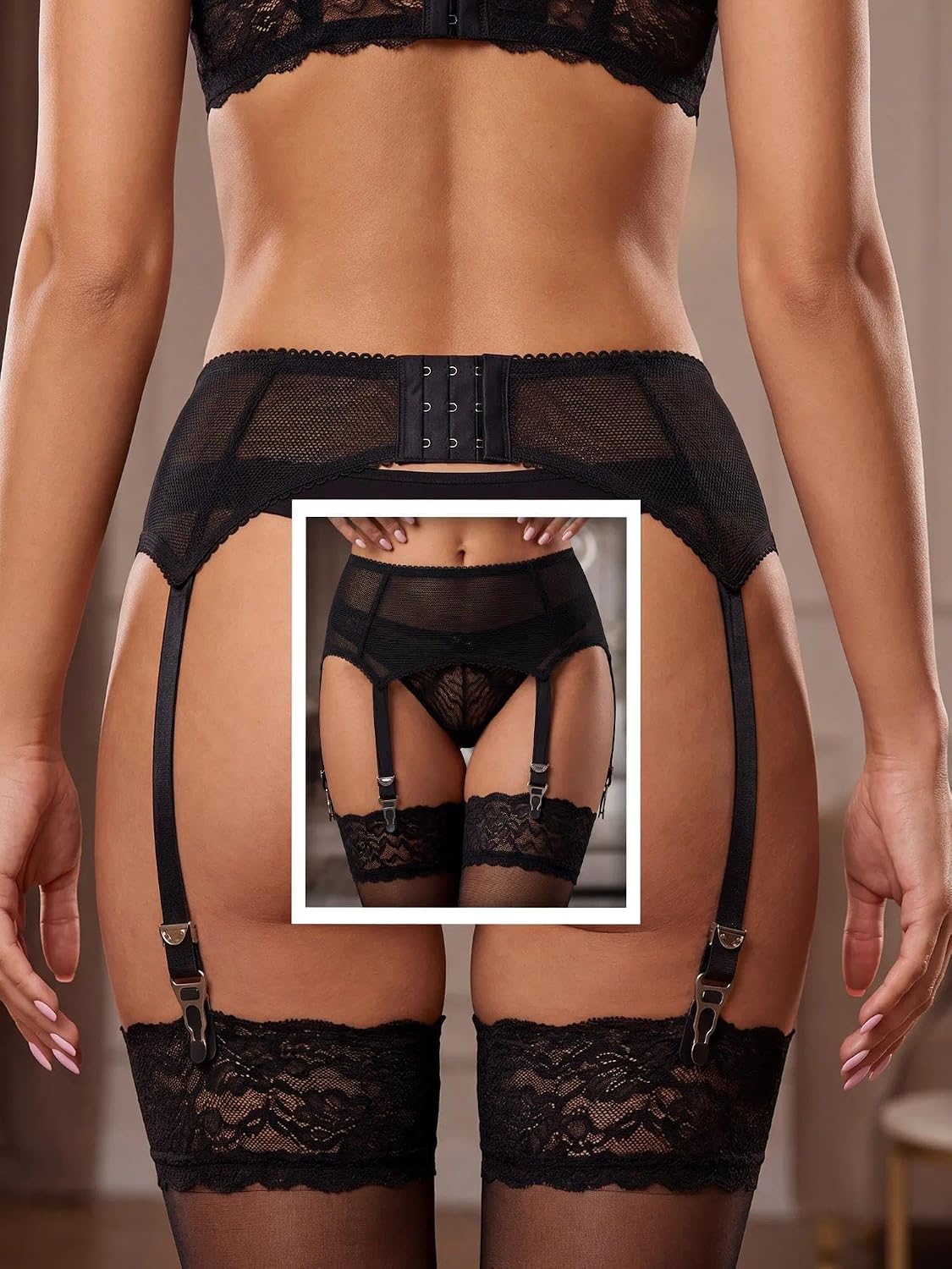 Sheer Mesh Garter Belt Plus Size | 6 Metal Clips, High Waist, Anti Slip Suspender, For Thigh High Stockings