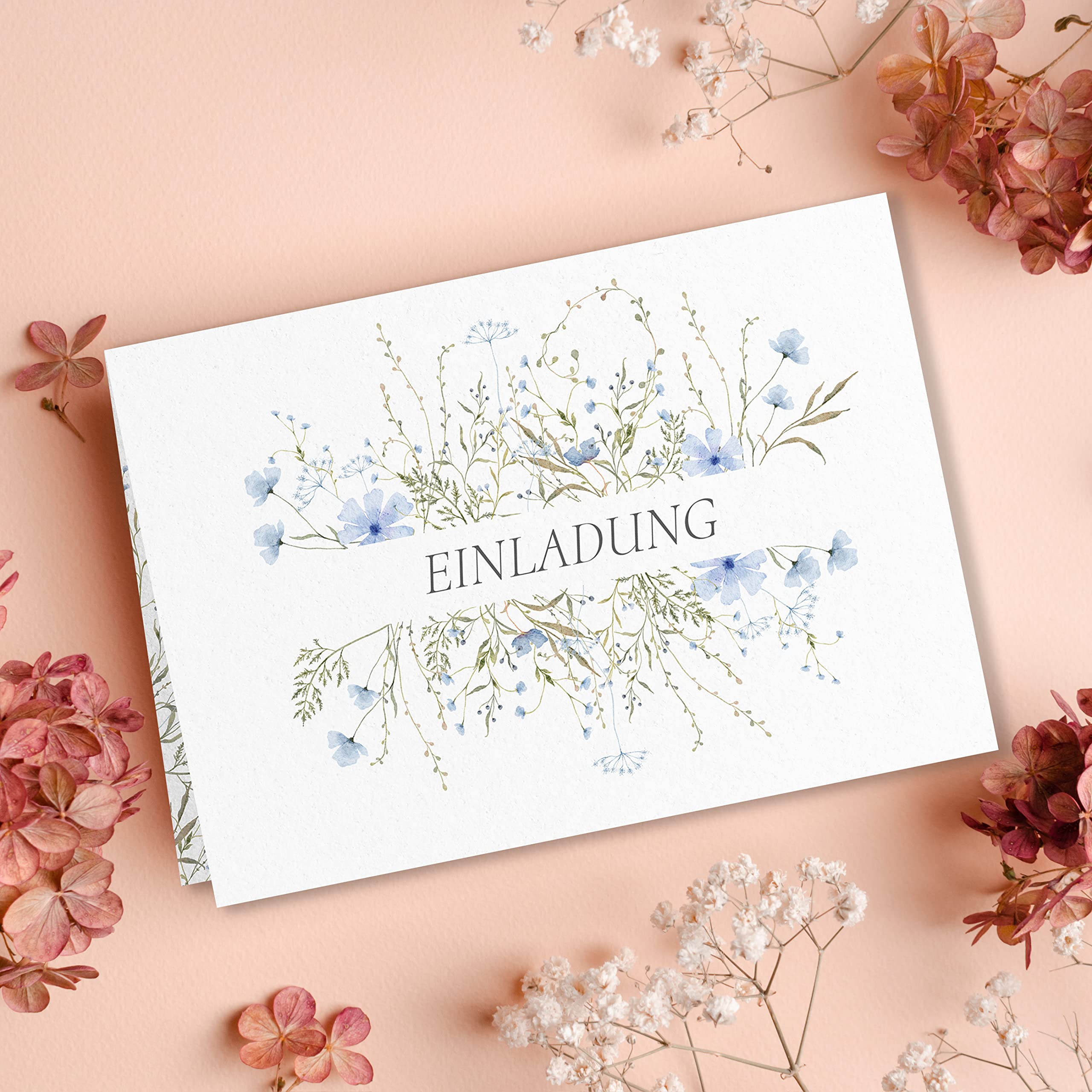Amanda Creation Babyparty Einladungskarten – Aquarell Blumen Design In Blau, Grau & Gold – 20 Stück Inkl. Umschläge