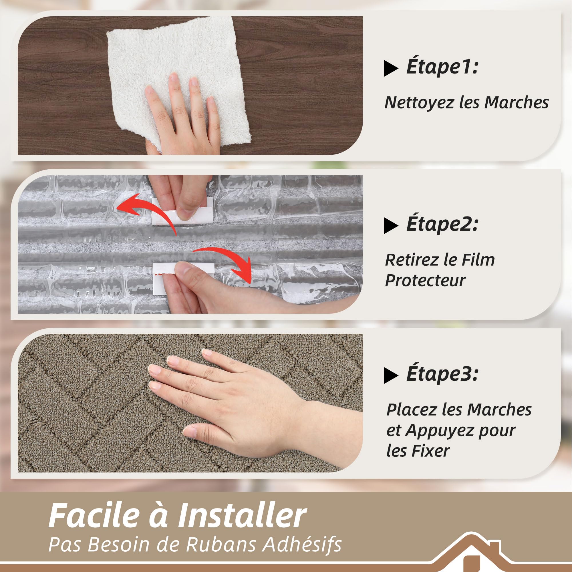 BEQHAUSE Tapis Escalier, Beige, 15 Pièces, Antidérapant, 22 * 70cm