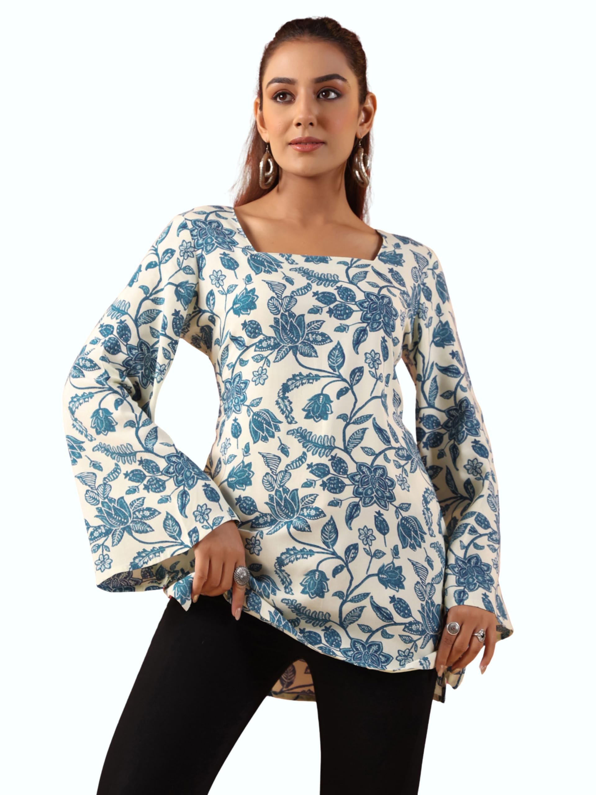 Women Floral Printed Square Neck Short Kurti | Casual Everyday Wear | Long Flared Sleeve Ethnic Top-image-28