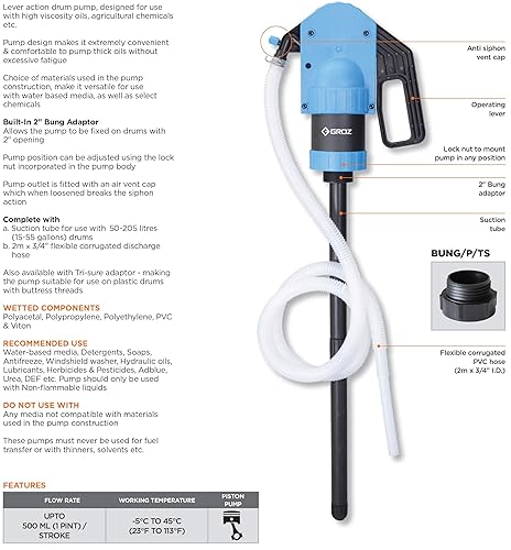 Miniatura 5 de GROZ Bomba de tambor de acción de palanca de plástico  Adaptador de tapón integrado de 2 pulgadas  para aceites de alta viscosidad productos