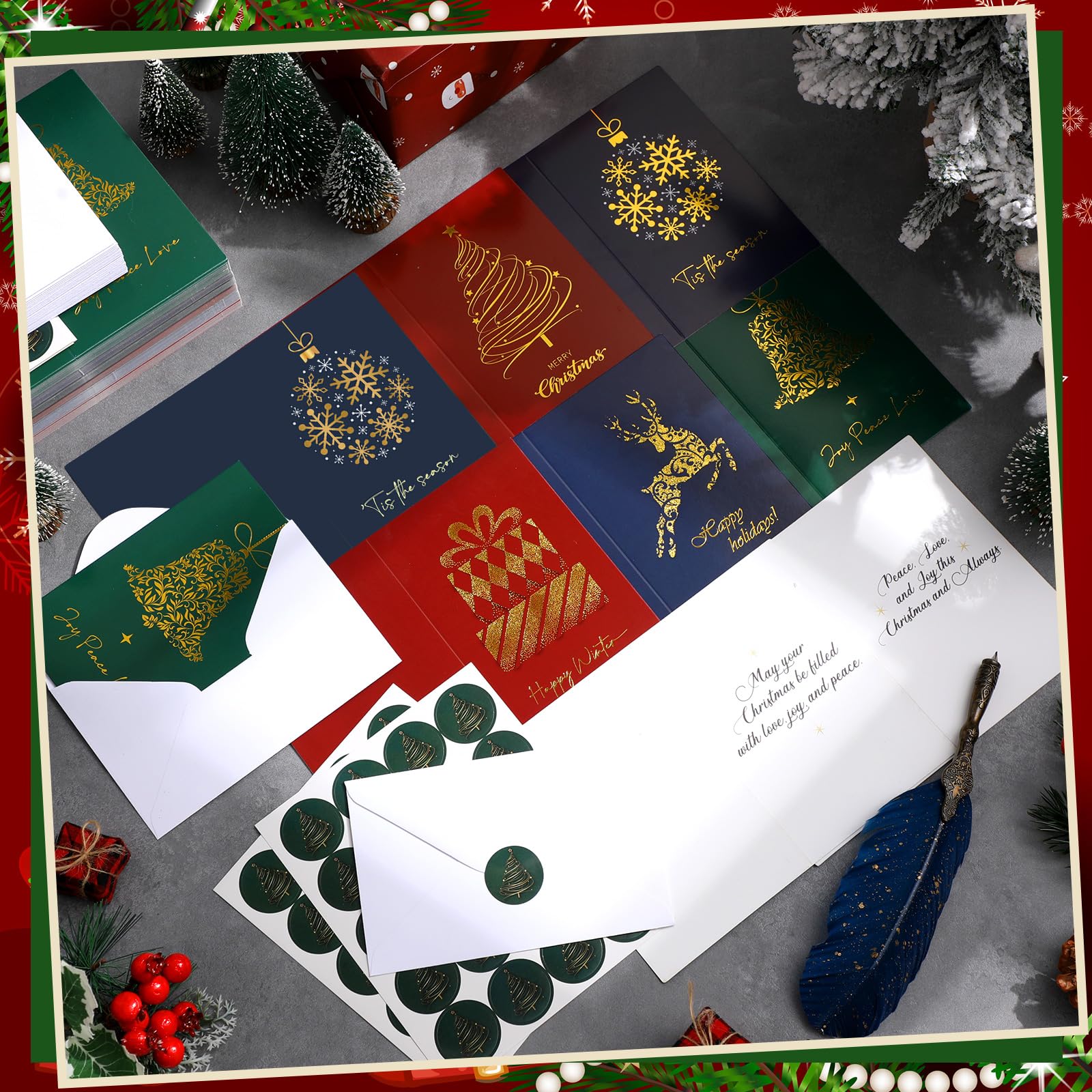 Epakh Lot de 100 cartes de vœux de Noël en feuille d'or avec enveloppes blanches et autocollants, motif arbre de Noël, 5 motifs assortis, cartes vierges pour festival d'hiver, fournitures de fête