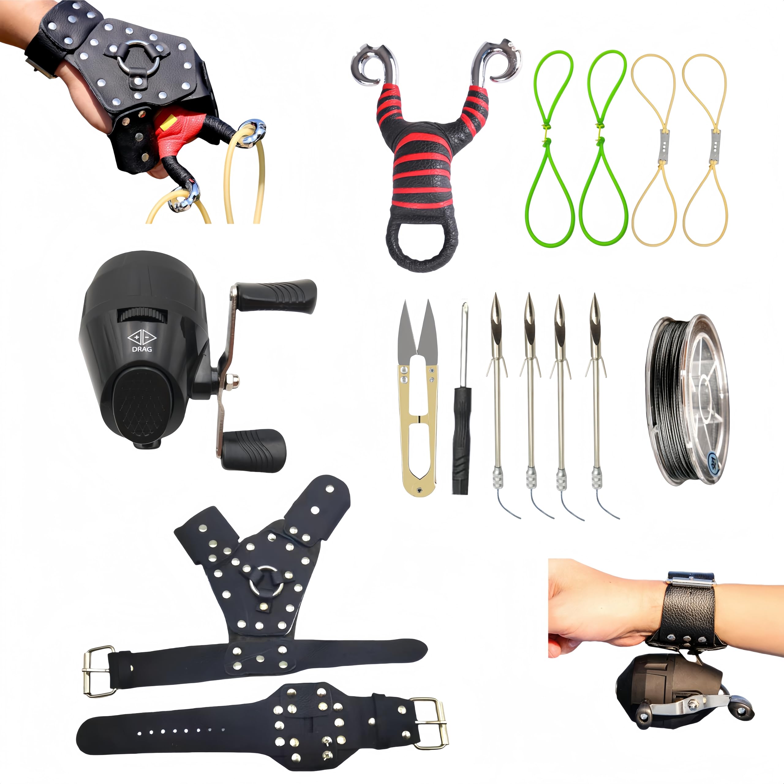 Fishing Tool, Slingshot Kit /Fishing Reel, Wrist Supporter ,Hand Protector(left hand), Bands, Thickened Fishing Line, Dual Purpose