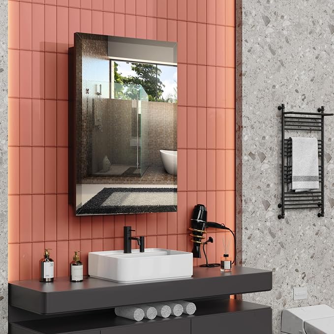 Armario empotrado para medicinas de 16 x 24 pulgadas, armario metálico con estantes ajustables, armario negro montado en pared para baño miniatura 4