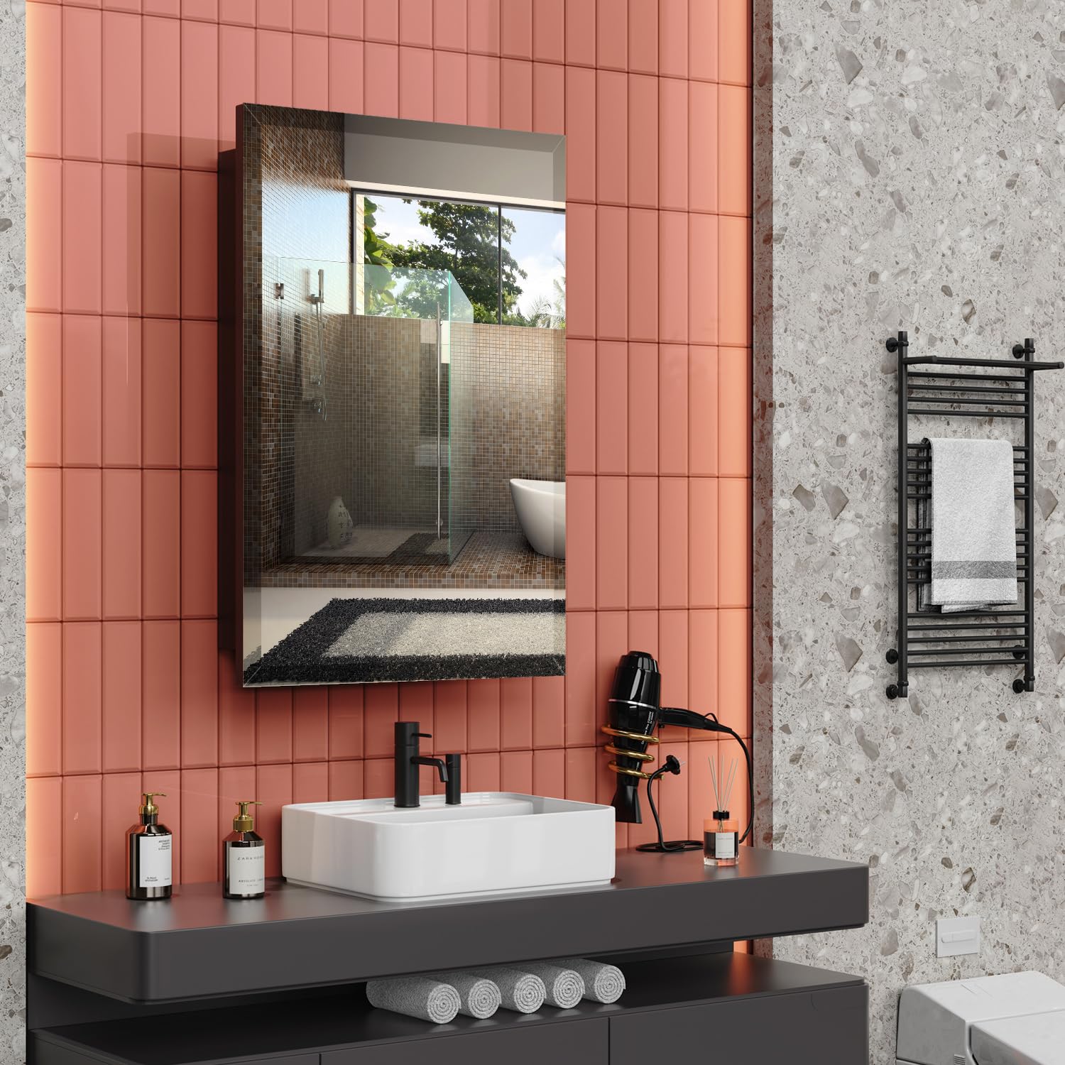 Botiquín empotrado de 16 x 24 pulgadas con espejo biselado, botiquín de metal con estantes ajustables, gabinete de medicina negro montado en la pared para almacenamiento de baño, casa moderna