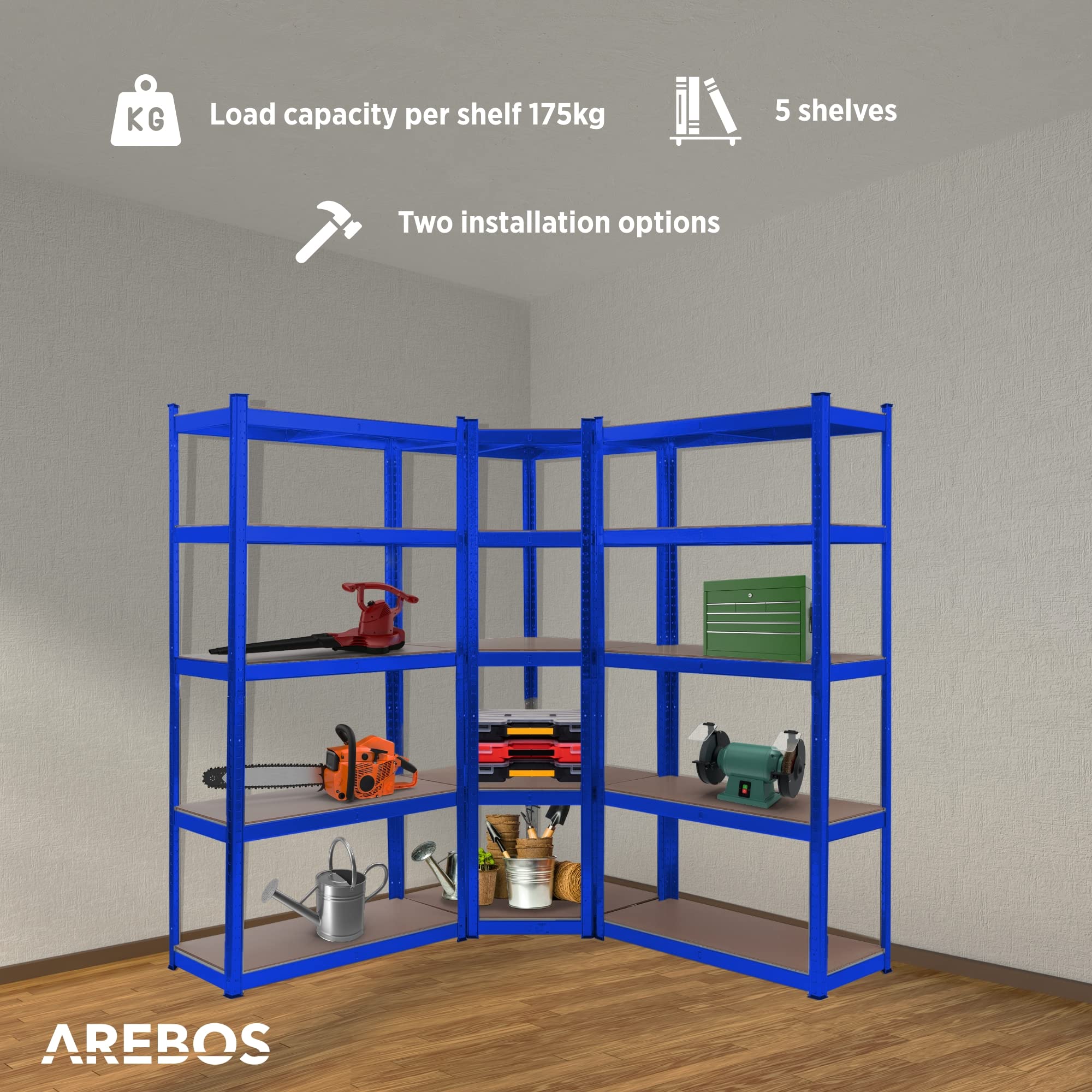 AREBOS Set di 3 scaffali per carichi pesanti Combinazione di scaffali ad angolo | Capacità di carico fino a 875 kg | Montaggio con sistema a innesto | Robusta struttura in metallo | Blu