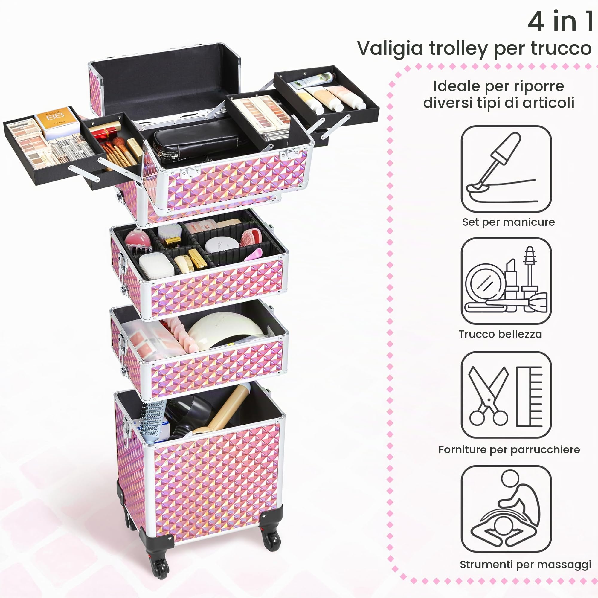 Valigia Porta Trucchi Trolley Make Up 4 in 1 Professionale Beauty Case Estetista Ruote Staccabili Rosa