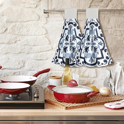 Miniatura 7 de Giwawa Navy Flower Kitchen Hand Towels Modern Boho Hanging Tie Towels Fast Drying Dish Cloth with Loop 2 PCS for Bathroom Restroom Home Decor Boho