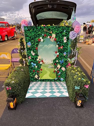 Miniatura 5 de Fondo de fondo del país de las maravillas con hojas verdes, fiesta de té rosa, fondo para fotografía, sombrero mágico, decoración de tablero de