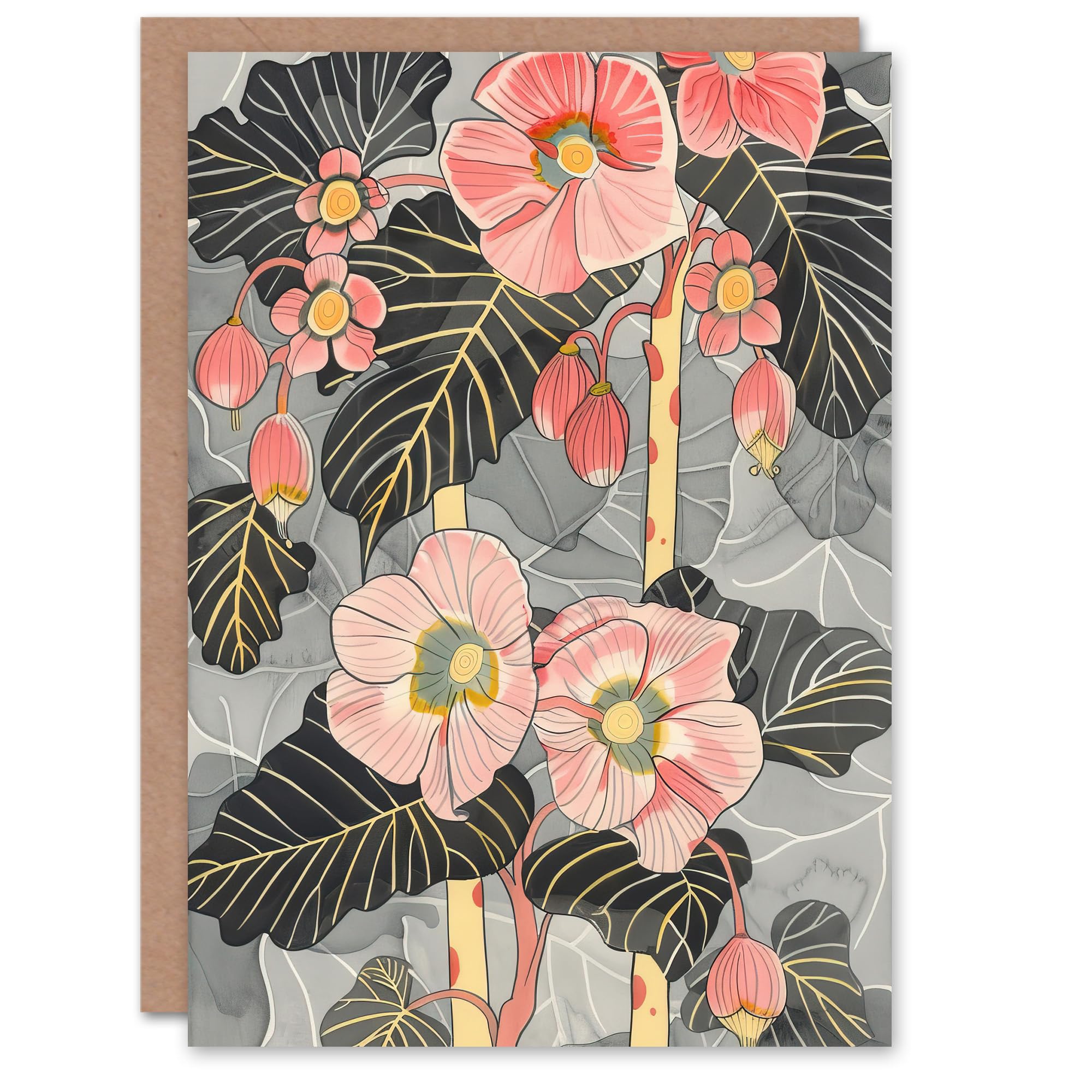 Artery8 Greeting Card Blooming Pink Begonia Flowers Stylised Floral For Her Woman Birthday Card
