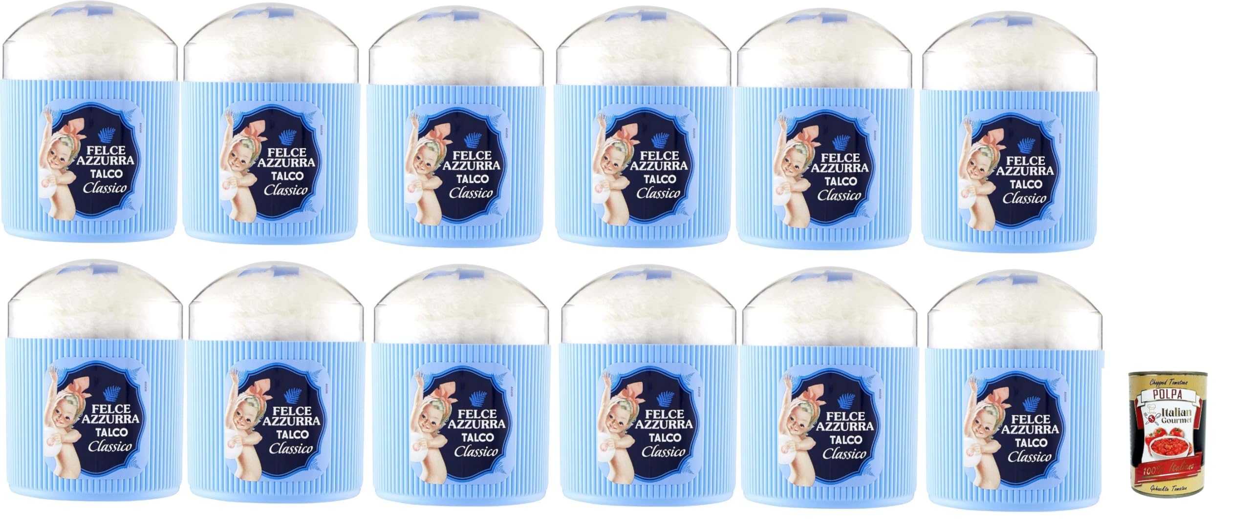 Felce Azzurra Paglieri - Polvo corporal con borla, talco Classico con Piumino, talco clásico con esponja, 12 x 250 g + Polpa italiana Gourmet 400 g