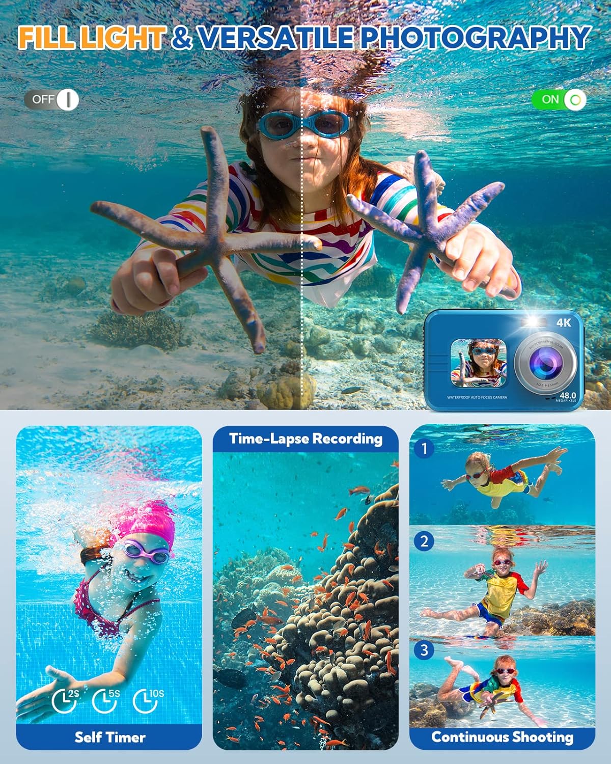 Underwater scene with a person holding starfish, demonstrating the fill light effect (off vs. on) and various shooting modes like self-timer and continuous shooting.