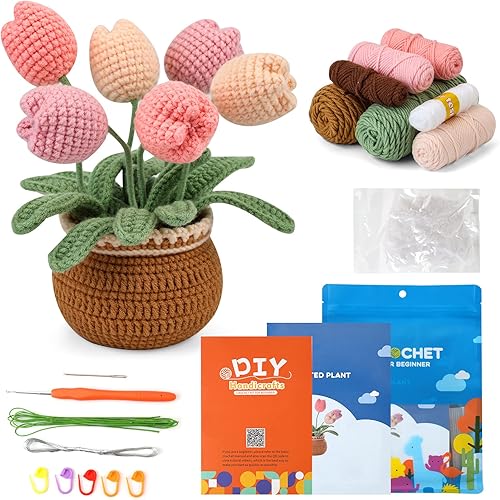 Cedarol Kit de ganchillo para principiantes, kit de ganchillo de tulipán multicolor en maceta, kit de inicio de ganchillo con video paso a paso y