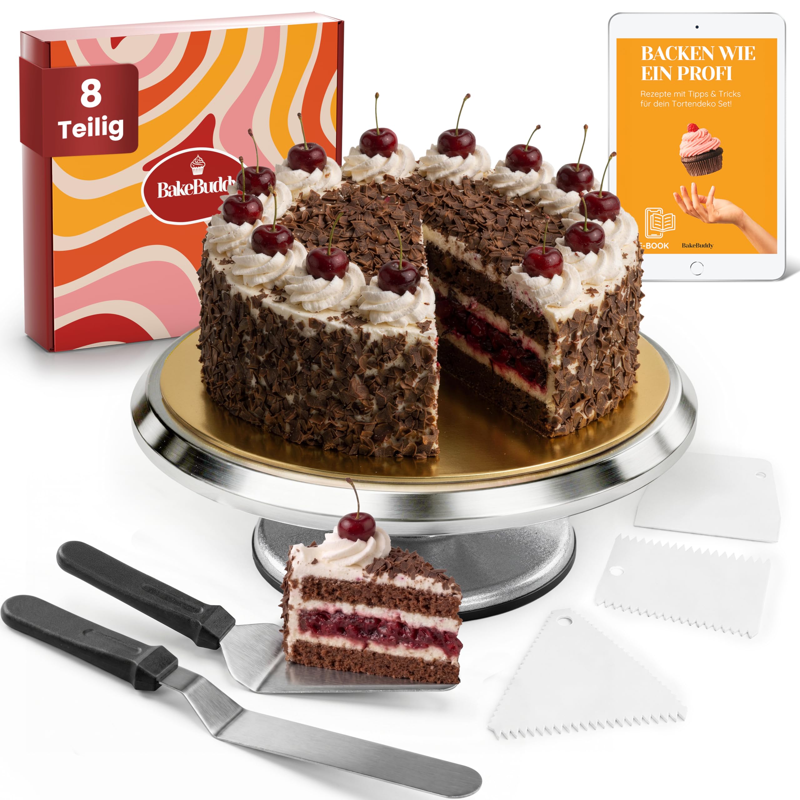 Profi Drehteller Torte (Set) – 30 cm Aluminium Tortendrehteller mit Antirutschboden inkl. 2 Winkelpalette & 3 Teigschaber aus Edelstahl | Stabile drehbare Tortenplatte mit Tortenzubehör
