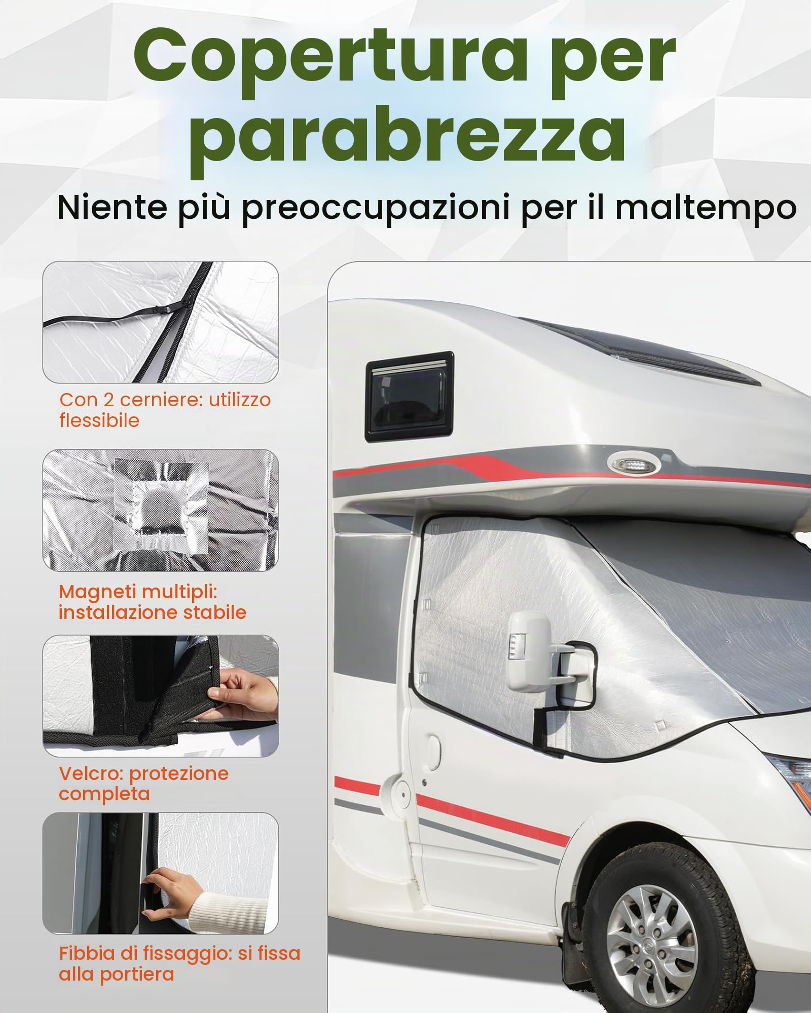 TELO TERMICO PARABREZZA ARGENTO CON ZIP ESTERNA PER FIAT Ducato Citroen Relay X250/290 PEUGEOT Boxer dal 2006 al 2024 Camper Camper Inverno con Borsa per il Trasporto