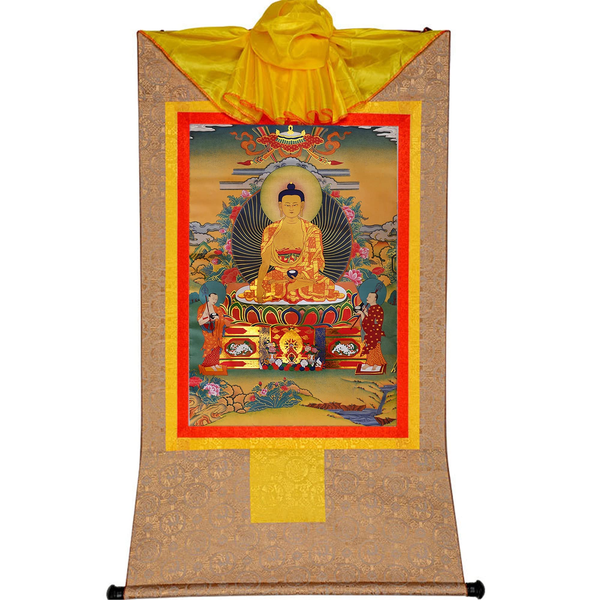 Gandhanra Tibetan Buddhist Thangka Wall Hanging,Shakyamuni Thangka,Hot Stamped Brocade Buddhist Tapestry for Zen Home Decor, Meditation, Spiritual Relaxation