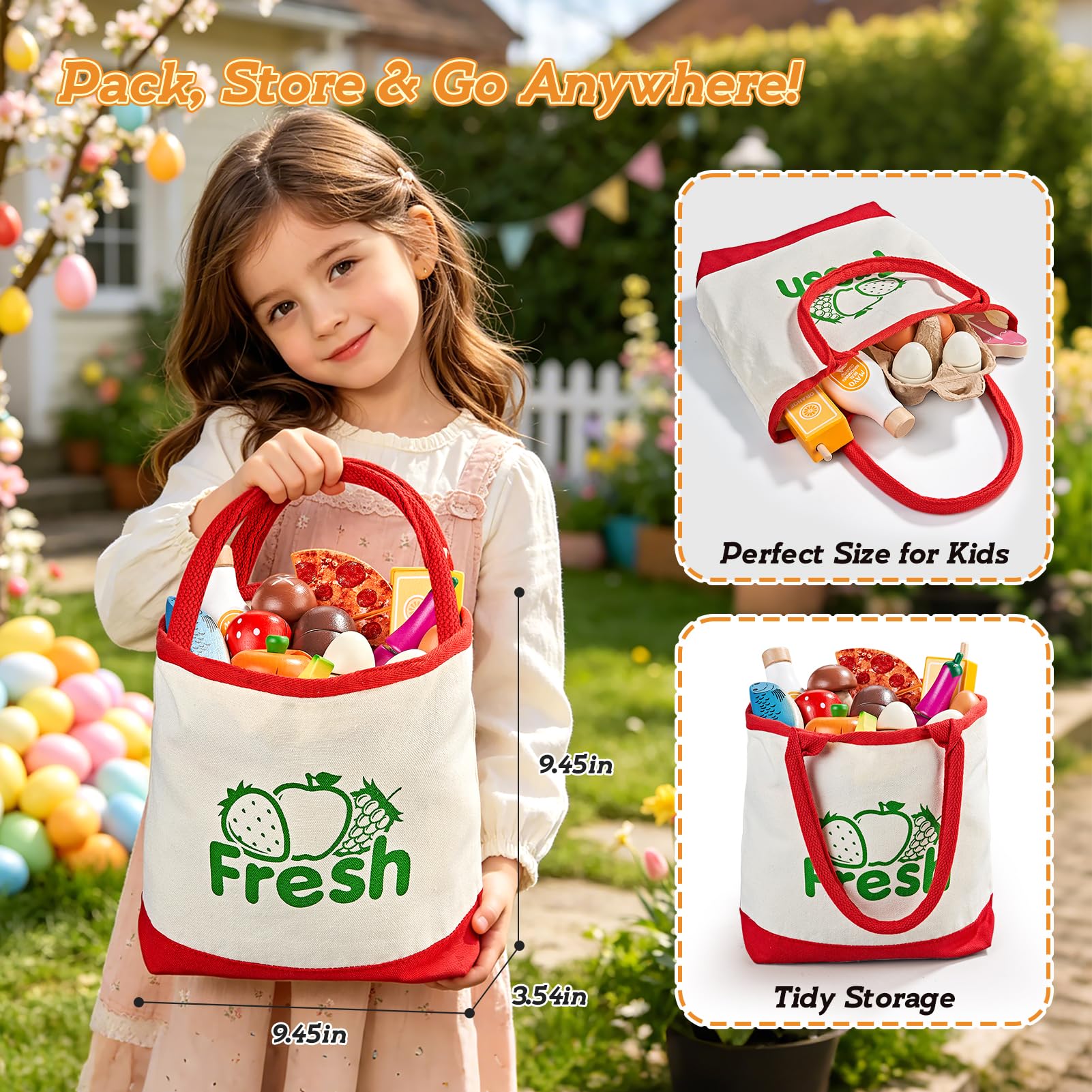 LAUGIGLE Wooden Play Food Set for Kids Kitchen, Montessori Toy Food Play Toy Food Food Play Accessories Cutting Fake Food Tote Bag, prezent urodzinowy