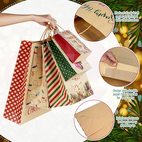 Miniatura 3 de 24 bolsas de regalo de Navidad surtidas con pañuelos, bolsas de papel kraft a granel con asas, 24 estilos para envolver regalos de Navidad, 6 jumbo,