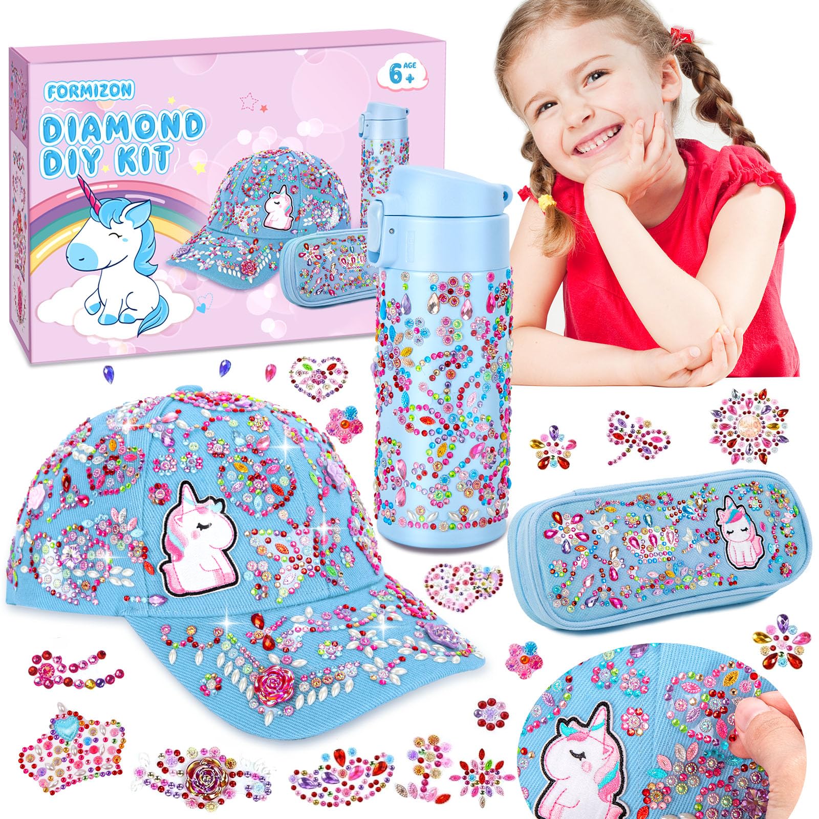 DIY Set Für Mädchen – Trinkflasche & Baseballkappe Mit Glitzersteinen & Einhorn-Aufklebern