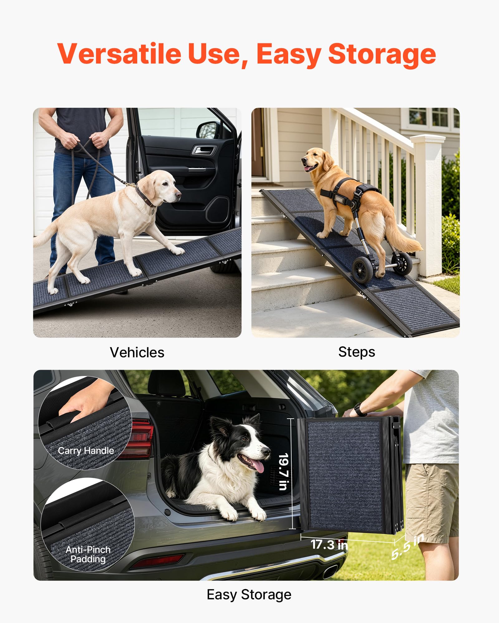 VEVOR Hunderampe, 180 x 43,2 cm, Faltbare Hundeautorampe für mittelgroße & große Hunde bis 113 kg, Hundetreppe mit Rutschfester Filzteppichoberfläche, tragbare Einstiegshilfe für SUV & LKW