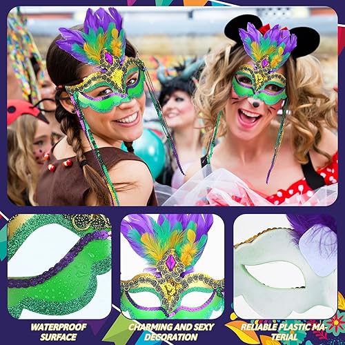 Miniatura 3 de Lyrow 6 máscaras de Mardi Gras para mujer, máscara de carnaval Mardi Gras con plumas, disfraz de Mardi Gras veneciano para mujer, disfraces de Mardi