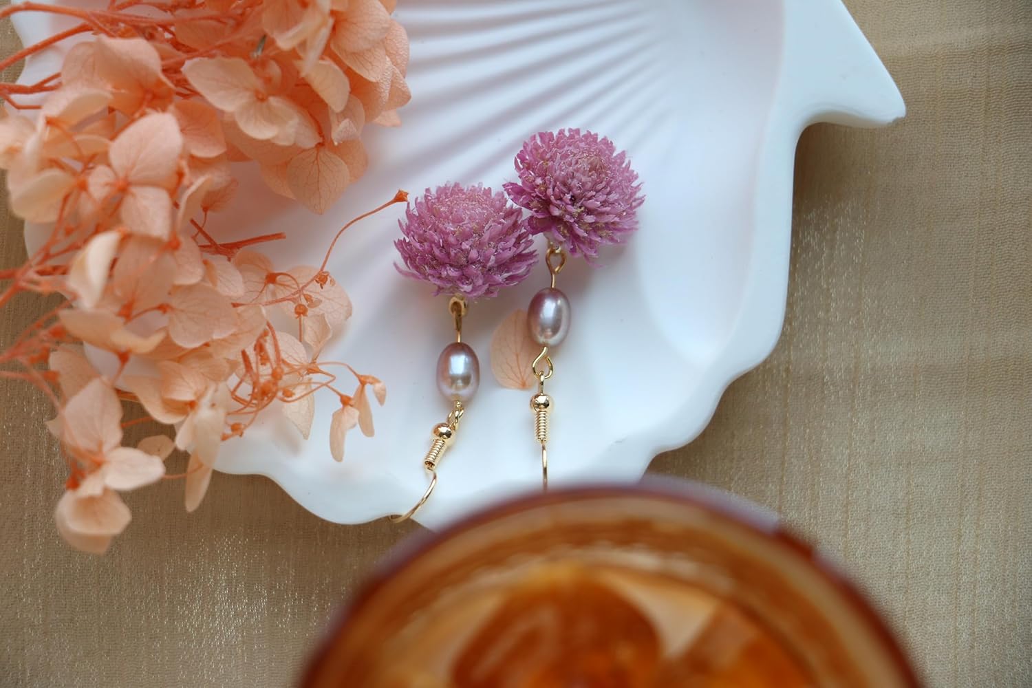 Pink Floral Drop Earrings with Pearl Beads, Gold-Tone Fish Hook, Handmade Dangle Jewelry,Handmade Real Freshwater Pearls & Preserved Strawflower Dangle Earrings - Lightweight Hypoallergenic Rose Gold Earrings, Unique Pressed Floral Gift for Women - Image 6