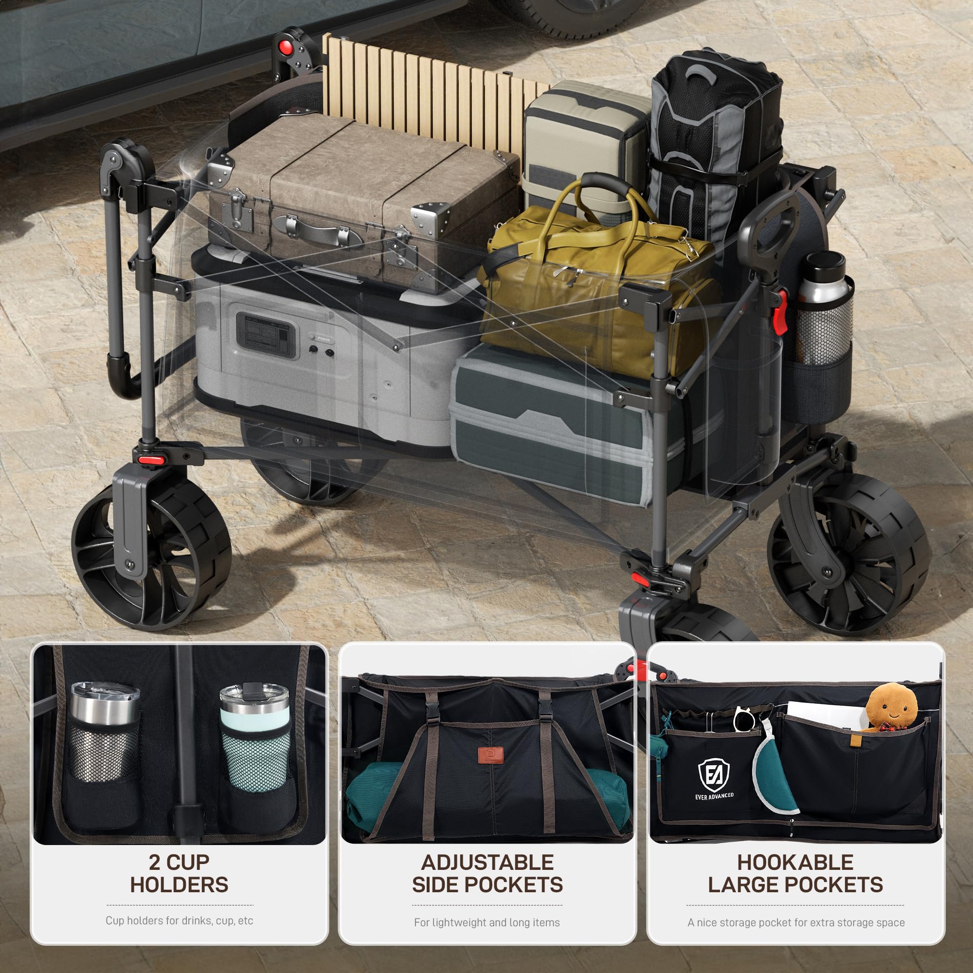 EVER ADVANCED Carrito de Festival de 228 L con Ruedas con toldo extraíble, Carrito de Camping Resistente de 150 kg, Carrito de Playa de Empuje y tracción con 3 Bolsillos Grandes, Negro