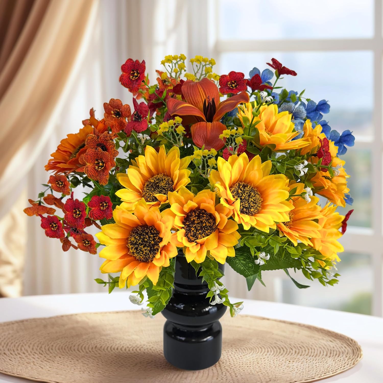 Fake Flowers with Vase, Sunflowers Artificial Flowers for Spring Summer, Faux Flowers in Vase for Centerpiece Table Decorations, Fake Plant Silk floral arrangements for Home Coffee Kitchen Table Decor