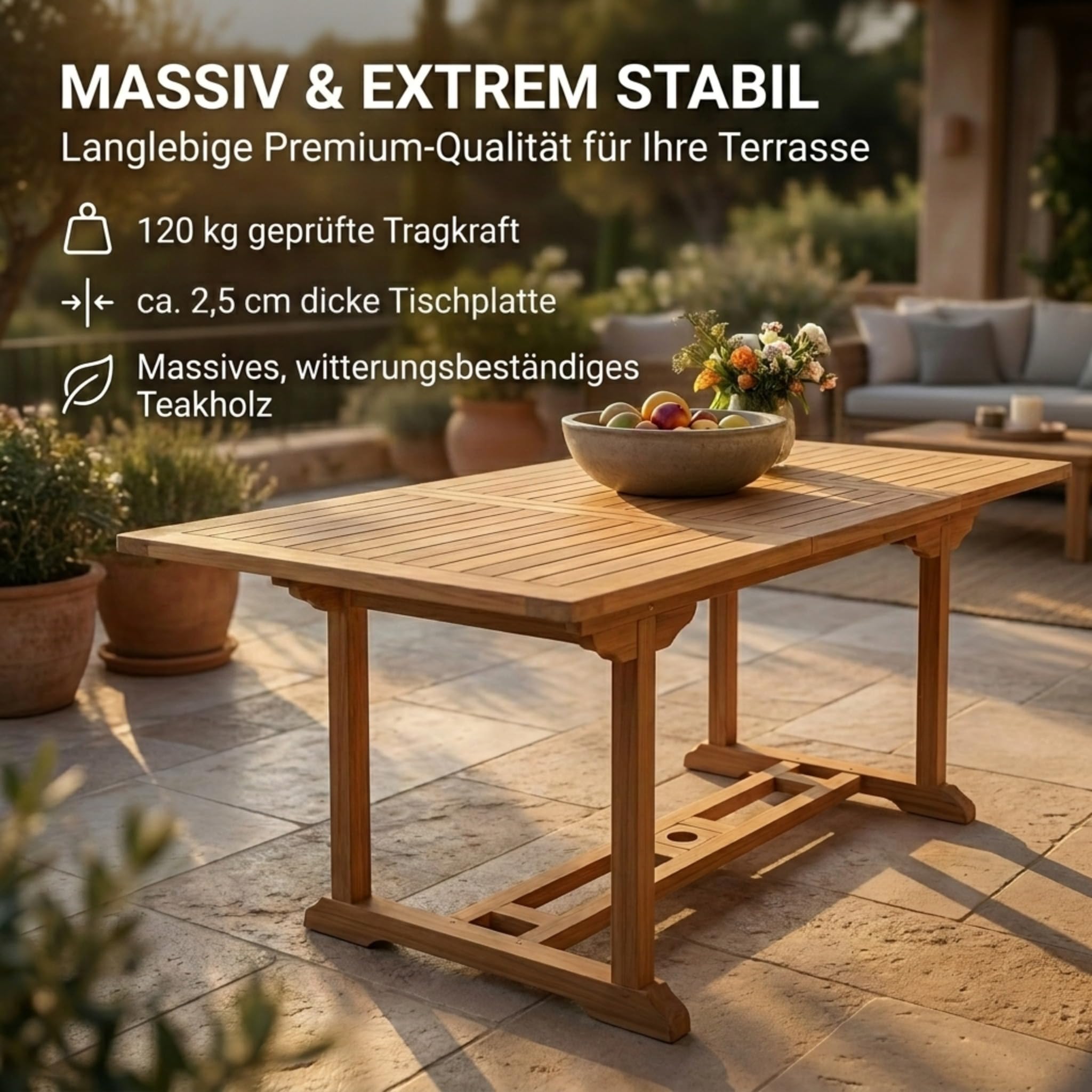 SAM Premium Gartentisch ausziehbar Kuba, Garten Tisch aus Teakholz 180-240 x 100 cm, wetterfester Terrassentisch für bis zu 10 Personen, rechteckiger Holztisch für Garten Terrasse Wintergarten
