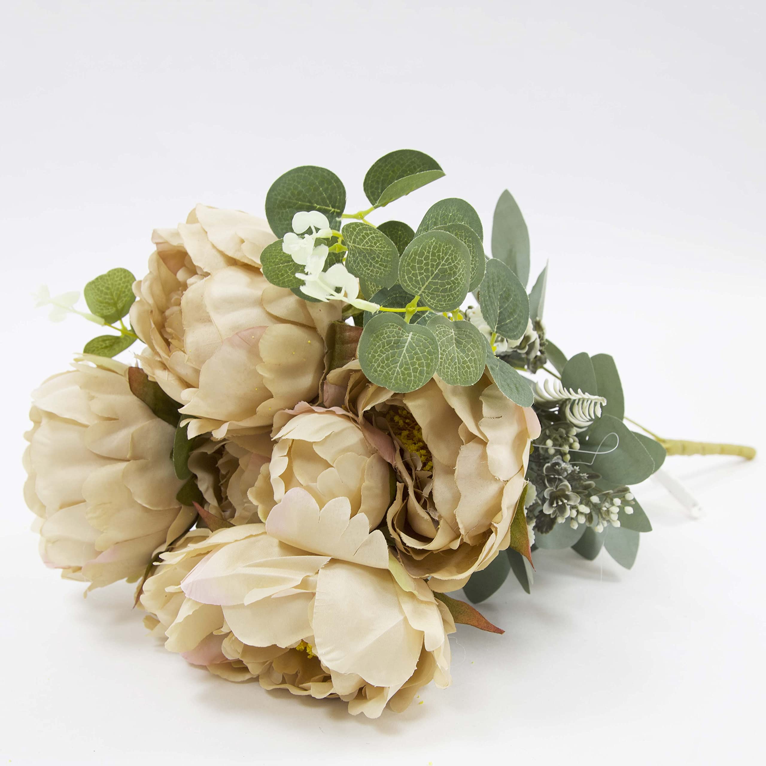 Artificial Peony Pongee with Eucalyptus Leaves for Valentines Day Decor Weddings Faux Flower Floral Arrangements Centrepiece Bouquet (Mocha)