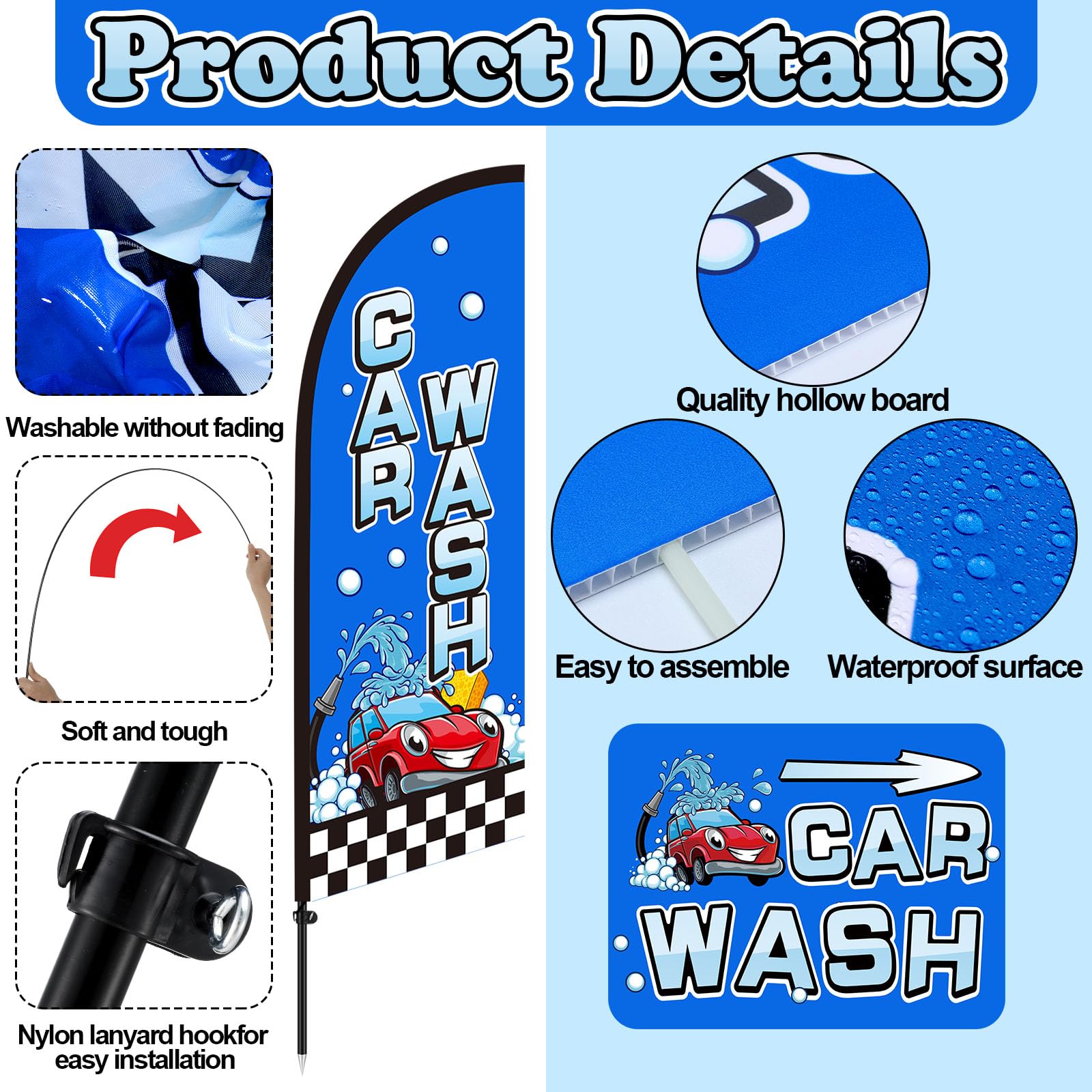 Fanfanwin Il kit per asta della bandiera con piume per lavaggio auto include bandiera da 2,1 m con aste, 5 cartelli per lavaggio auto e 10 picchetti per esterni, negozi e decorazioni