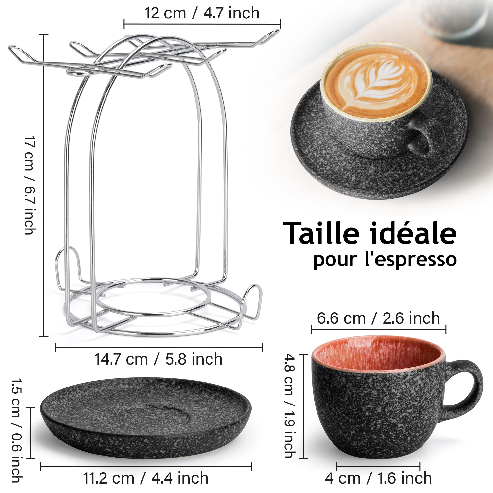 MIAMIO - Tasses à espresso empilables en céramique de 80 ml avec soucoupes et support en métal, ensemble de 6 demitasse pour latte café moka et thé - Collection Las Palmitas