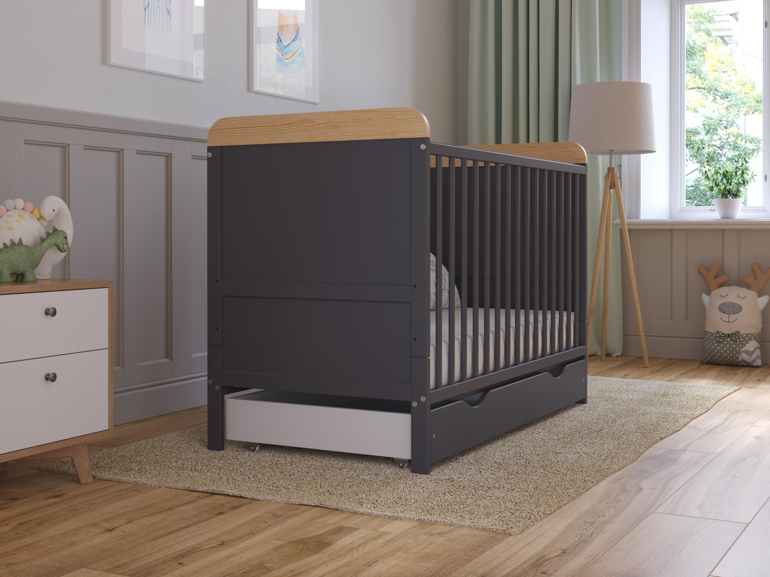 Love For Sleep Culla Neonato Con Materasso & Cassetto 120x60 cm Antracite-Pino - Culla Neonato Legno Con Ruote, Lettino Neonato Legno Completo - Lettino Bambino 0-3 Anni, Culla Lettino Neonato