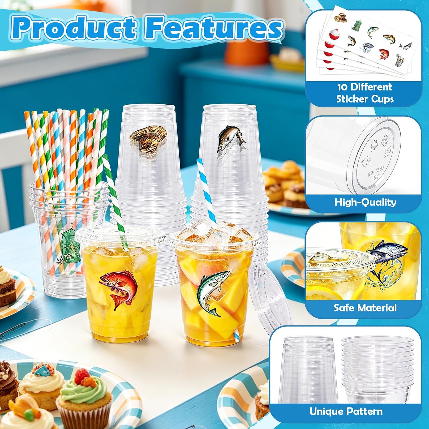 50 Set Fishing Birthday Party Decorations 12oz Clear Plastic Cups with Lids Straws Stickers, Fishing Themed Party Disposable Beverage Cups for Ofishally One Birthday Party Favor Supplies