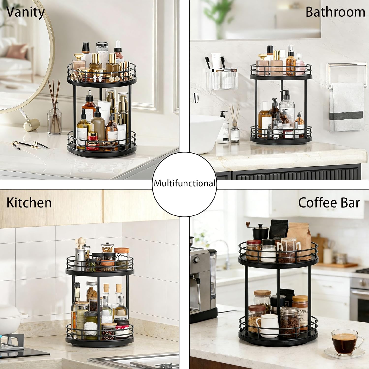 Bathroom Organizer Countertop, 2 Tier Rotating Makeup Organizer Countertop for Vanity, Wooden Bathroom Counter Storage Shelf, Lazy Susan Turntable for Perfume, Skincare, Cosmetic (Black)