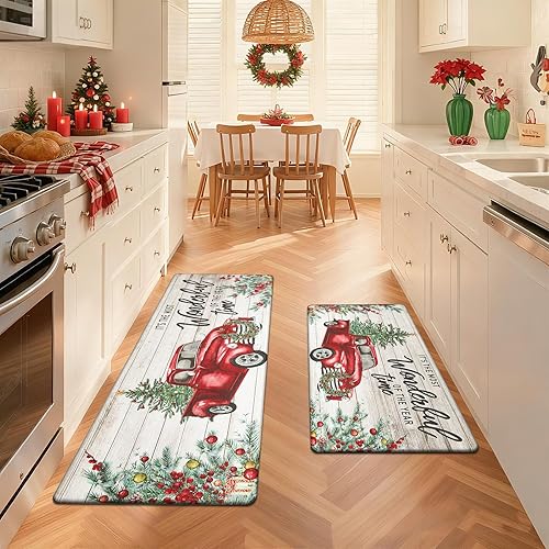 Miniatura 13 de Pauwer - Juego de 2 alfombras de cocina de Navidad antifatiga para piso, tapetes de cocina antideslizantes y acolchados, tapete de cocina acolchado