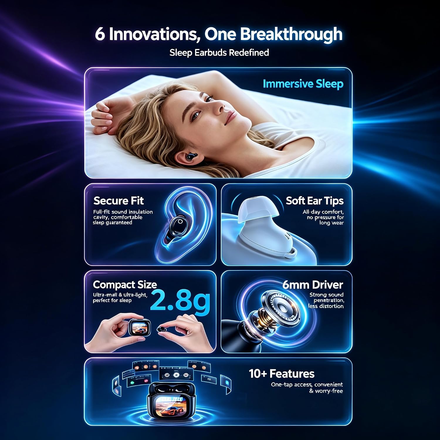 Sleep Earbuds, 2026 Mini Sleep Headphones Small Design for Side Sleepers, Touch Screen Charging Case, 48H Playtime, IPX7 Waterproof, 5 EQ Modes Sleeping Headphones, Sleeping Earbuds image 2