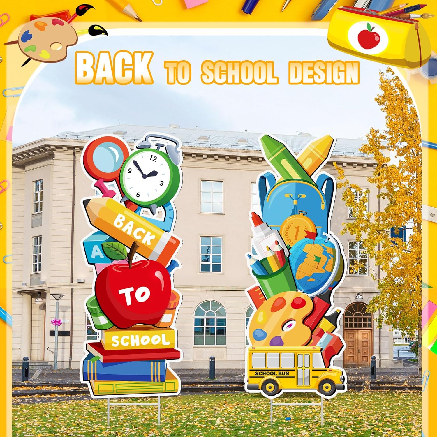 Funnymoom 2 Pcs Welcome Back to School Yard Signs Large First Day of School Lawn Sign Cards with Metal Stakes Party Waterproof Outdoor Garden Yard Decorations for Greeting Students(Cute)