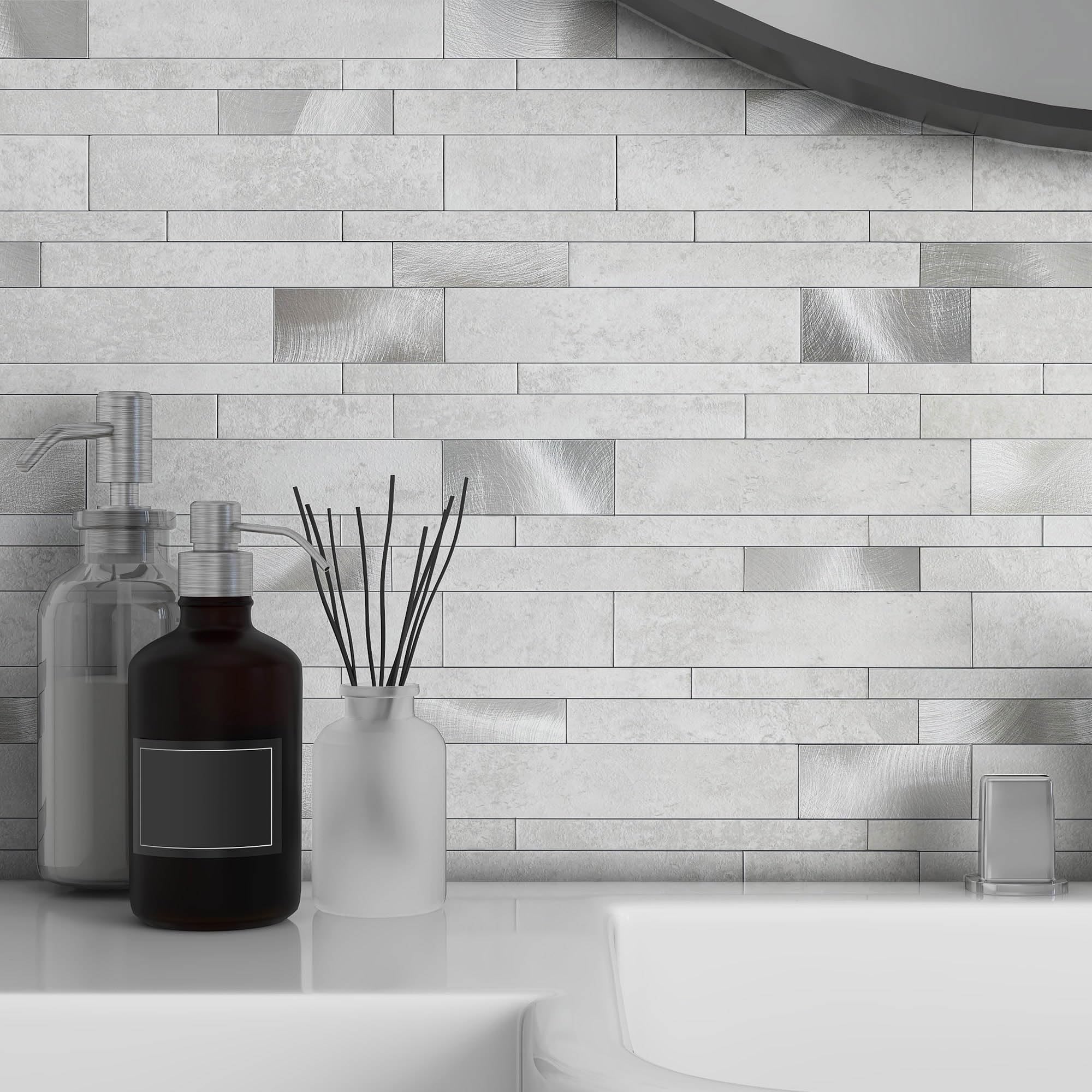 VAOVI Marble Effect Self Adhesive Linear Wall Tiles Metro Brick Stone Tiles,Waterproof Bathroom Wall Panels Matt Heat Resistant Fireplace Peel and Stick Mosaic(Cement Gray,5sheets)