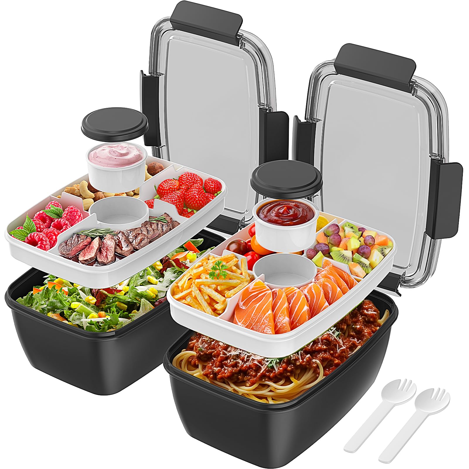 Photo 1 of Cherrysea 2Pack Salad Lunch Container, 68oz Salad Bowls with 4 Compartments Tray,Leak Proof Lunch Box with Fork for Men,Women BPA-Free Snack Container with Sauce Container for Dressings - Black