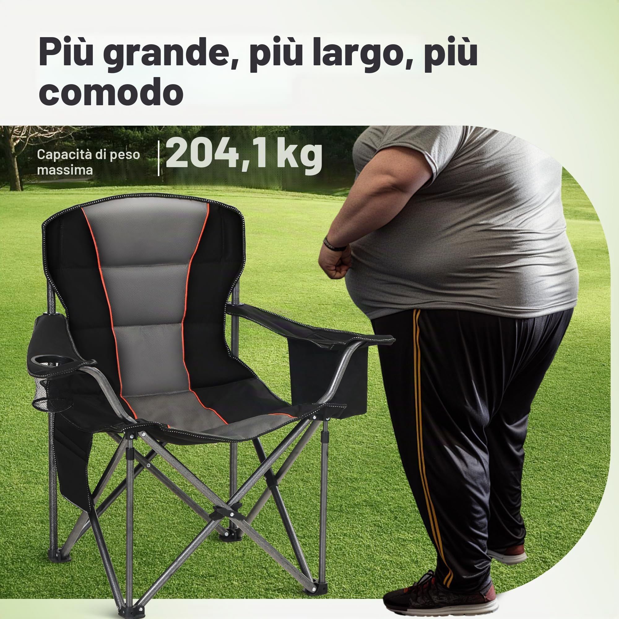 LET'S CAMP Sedia da campeggio pieghevole con portabevande e borsa frigo, pieghevole, fino a 200 kg