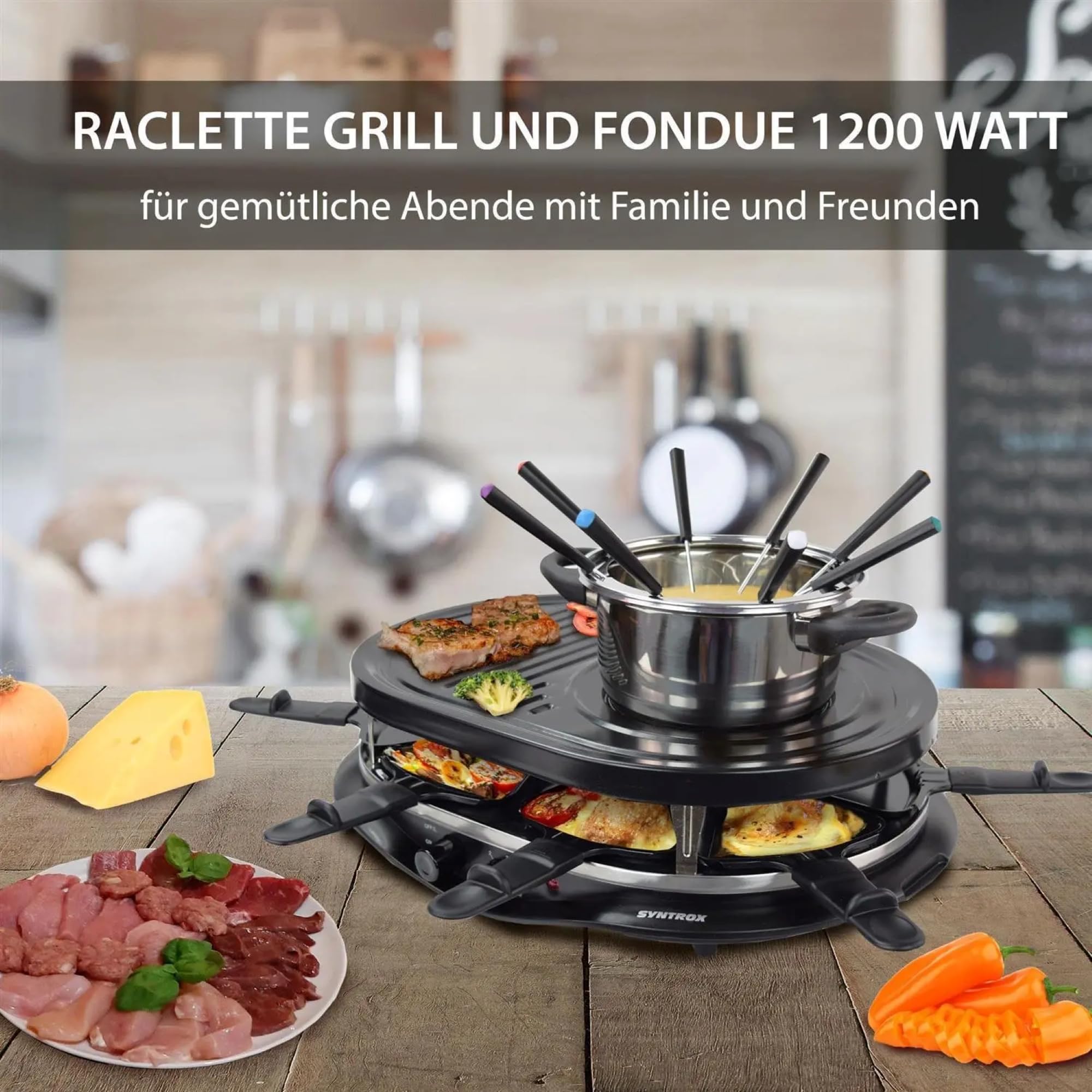 Syntrox Germany Raclette-Grill Locarno mit Fondue & Heißem Stein, 4-in-1 Raclette Set, Gesellige Abende, Kulinarische Vielfalt, Antihaftbeschichtung, Leichte Reinigung