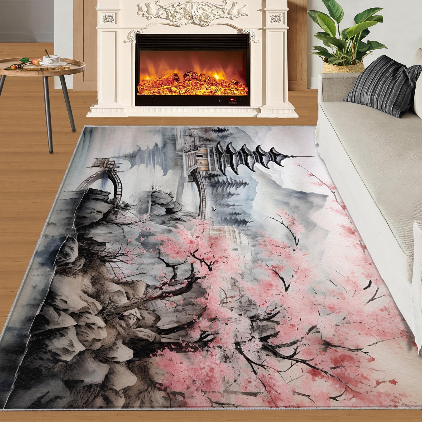 Tapis asiatiques pour salon, tapis traditionnels chinois pour chambre, tapis résistants aux taches avec peinture de paysage, tapis noir et rouge antidérapants et lavables pour salle à manger