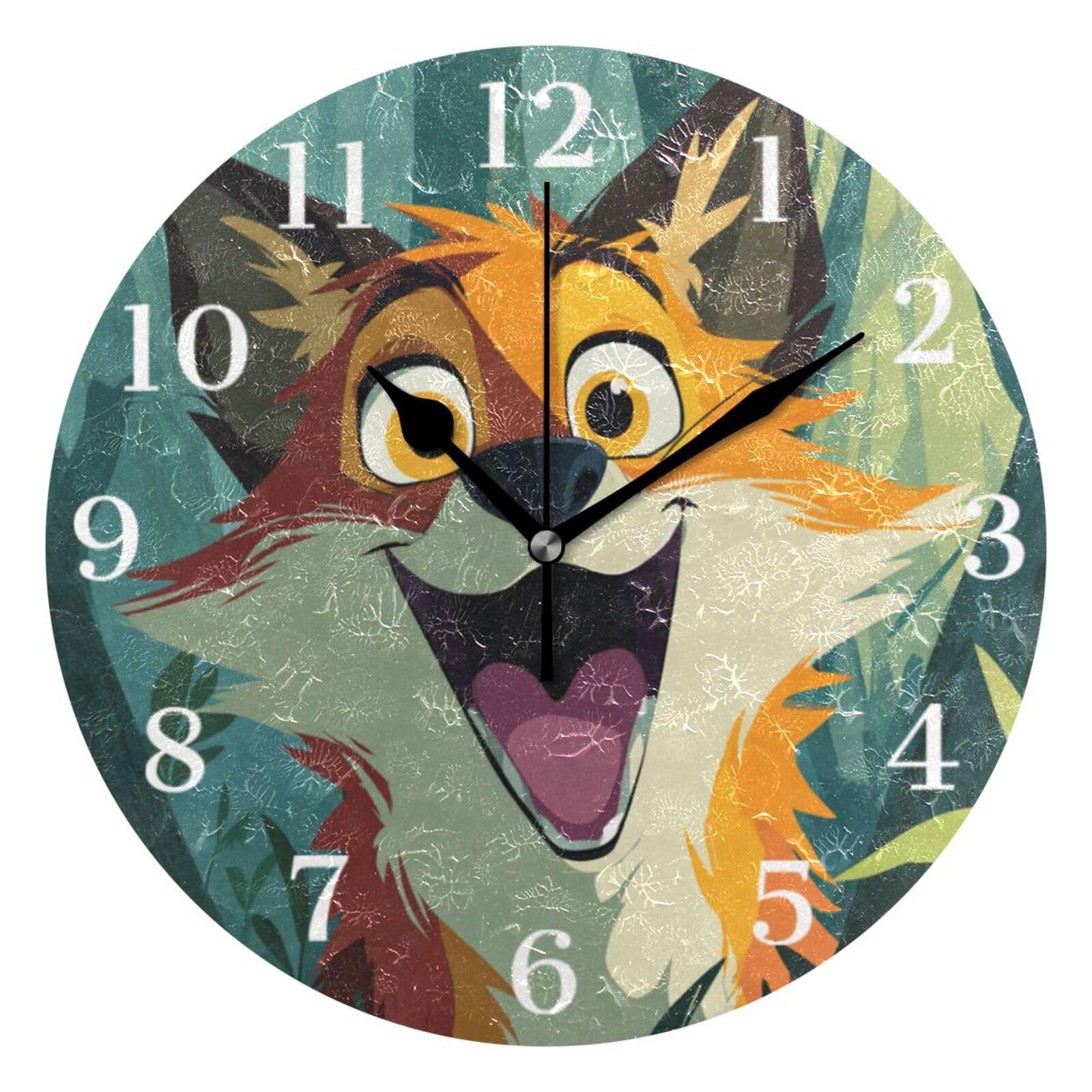 Ensound Happy Cartoon Fox Wall Clock Silent Non-Ticking Battery Operated Clocks 12 Inch for Kitchen Home Living Room