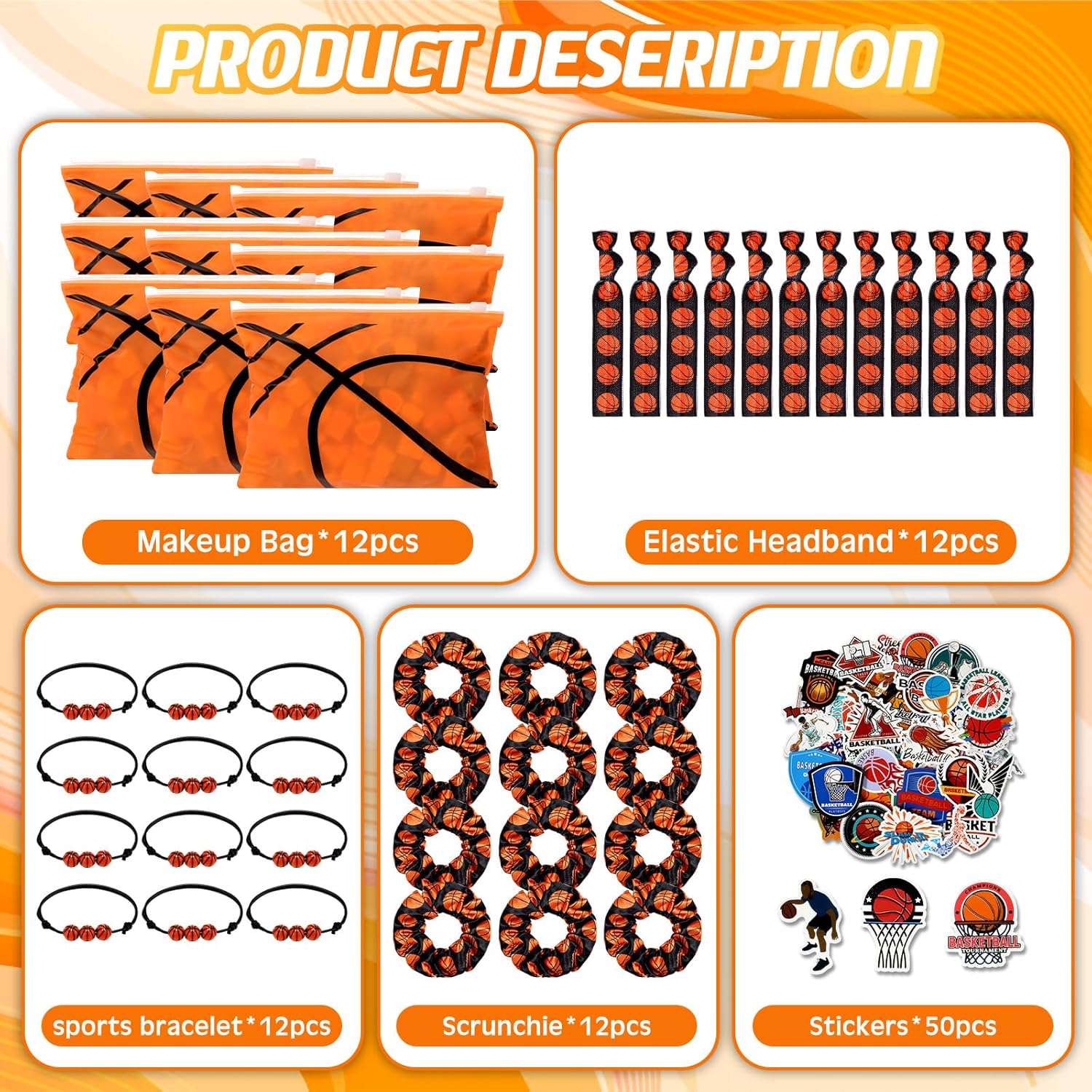 98 Pcs Basketball Party Favors Include Basketball Goodie Makeup Bags Bracelet Hair Bands Hair Ties Sticker for Sports Team Gifts Birthday Decoration Party Supplies - Image 2