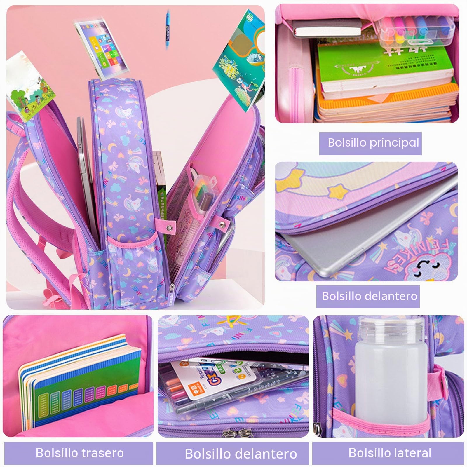 FANDARE Lindo Mochilas Infantiles Ultraligero Mochilas Escolares Mochilas Infantil Mochilas Tipo Casual Niñas Mochilas Escolares para Estudiante Primaria Mochila con Colgante de Felpa Púrpura