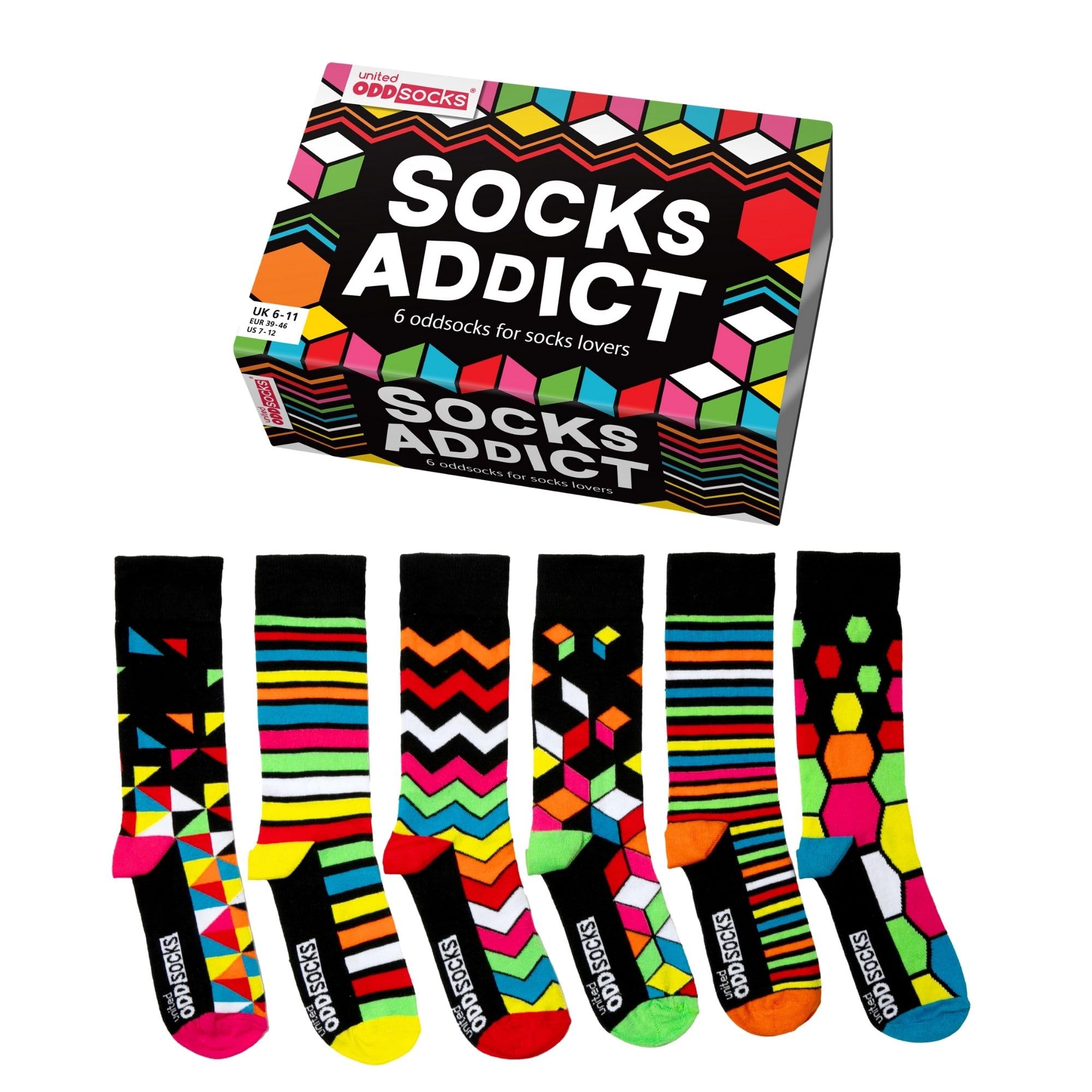 United Oddsocks Socks Addict – 6 Unique and Quirky Mix & Match Novelty Socks for Men, Gift Box, Fun and Playful Present for Sock Lovers, Birthday, Christmas, Father’s Day - UK 6-11, EUR 39-46, US 7-12