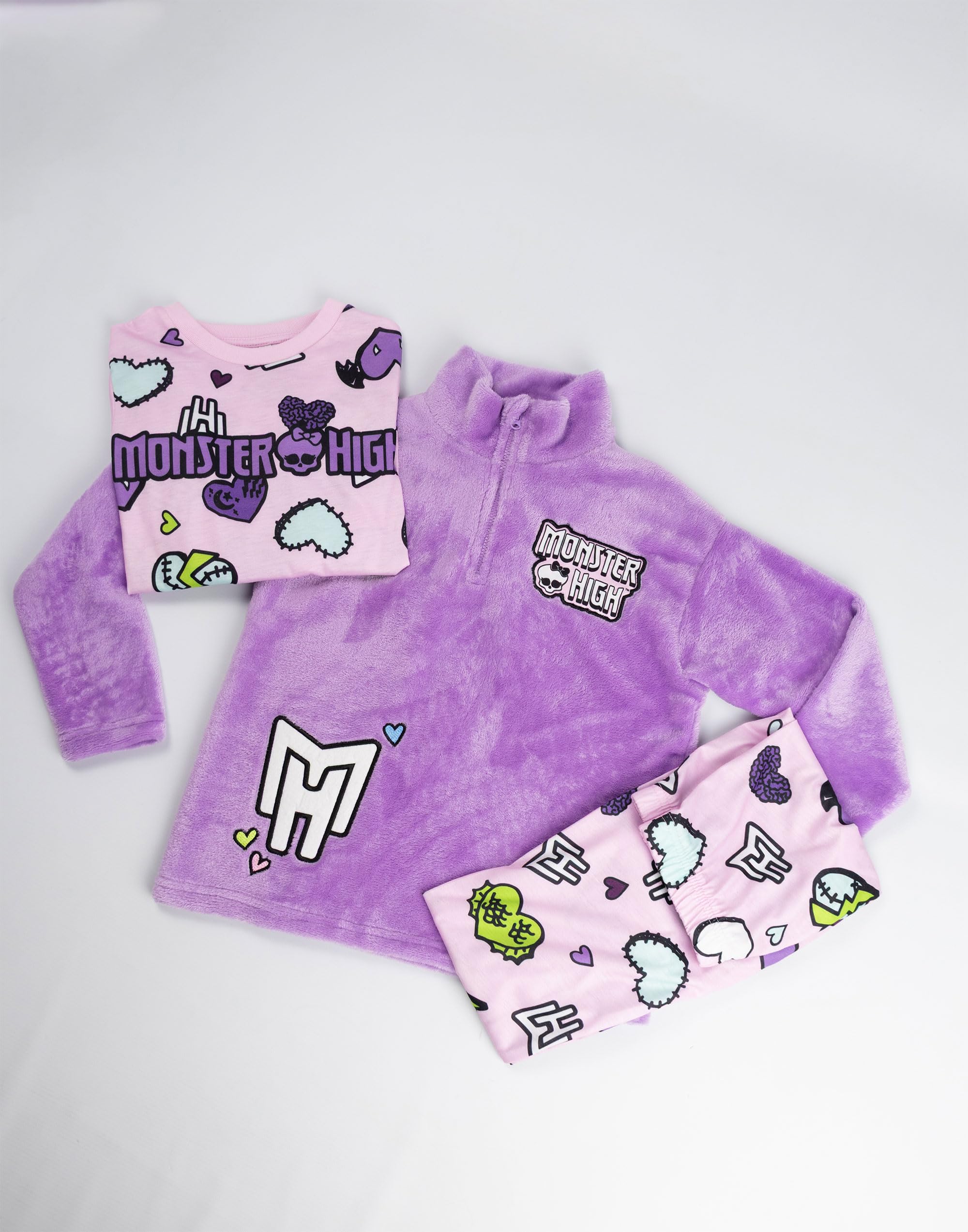 Monster High Dziewczęcy, różowo-fioletowy, piżama z długim rękawem i nogawkami, 3-częściowy komplet | Miękka, wygodna, polarowa piżama z golfem i zapięciem na zamek